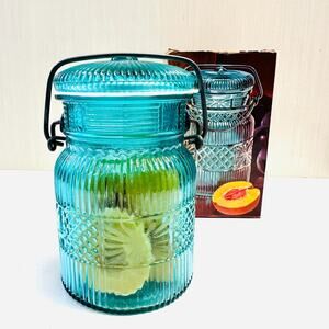Vintage Avon Country Peaches Soap Jar Blue Glass Lidded Wire Bail Handle